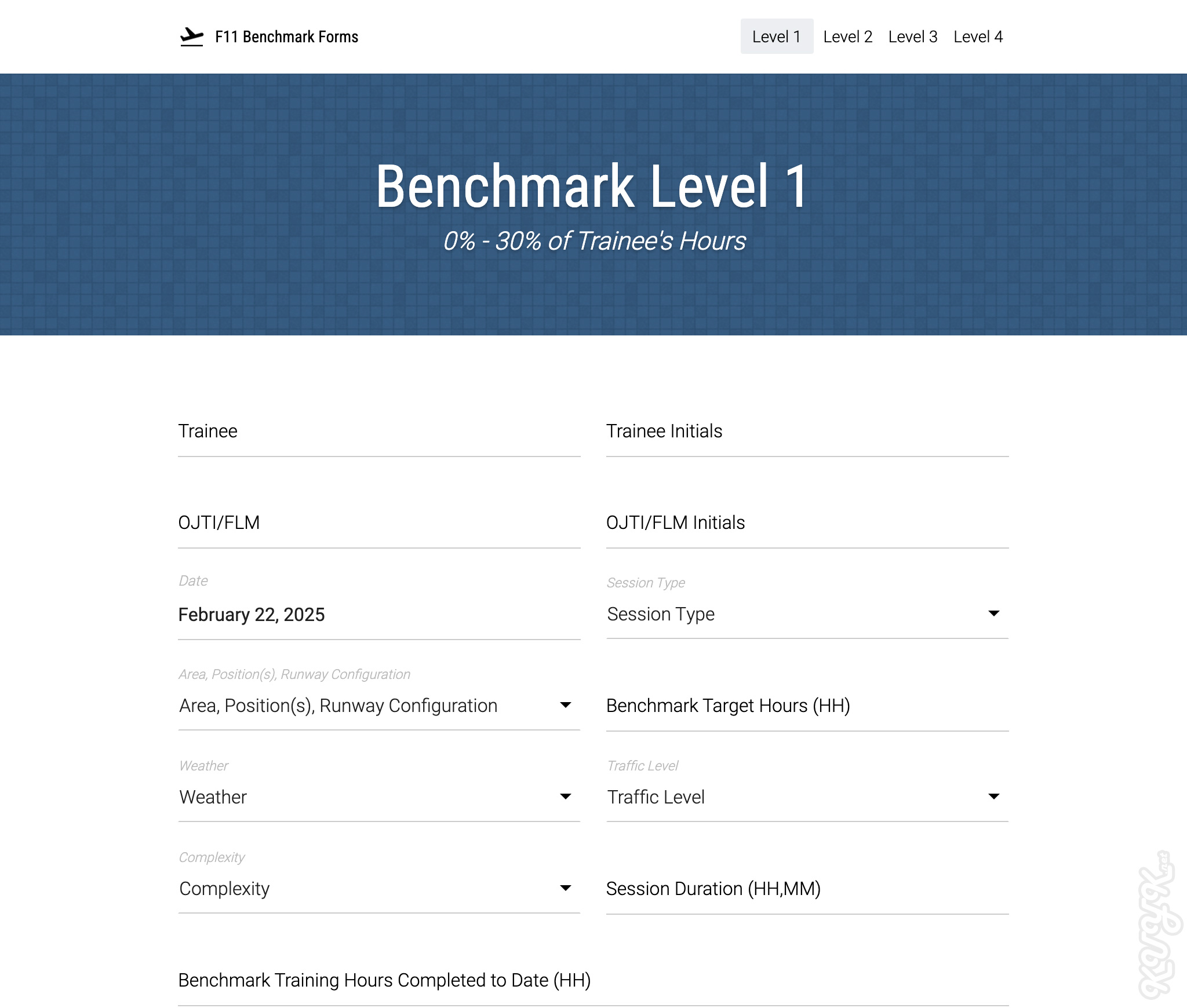 F11 Benchmark Training Forms screenshot